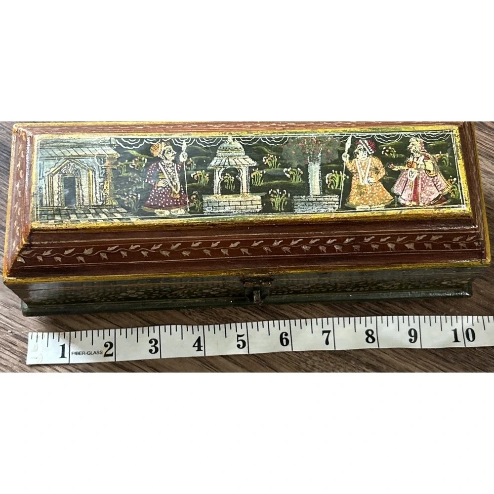 Vintage Wooden Box Ornate Hand Painted Indian‎ Design Jewelry Trinket Storage